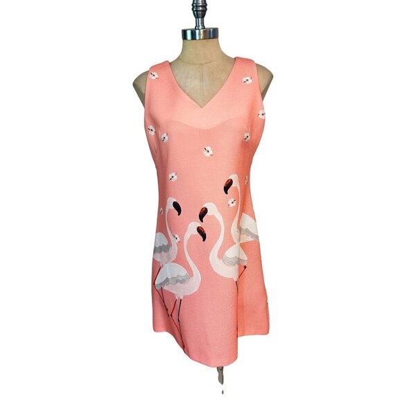 Julian Taylor Pink Flamingo Print Sleeveless Shift Dress V-Neck Back Zip SZ 8 fi - Picture 2 of 6